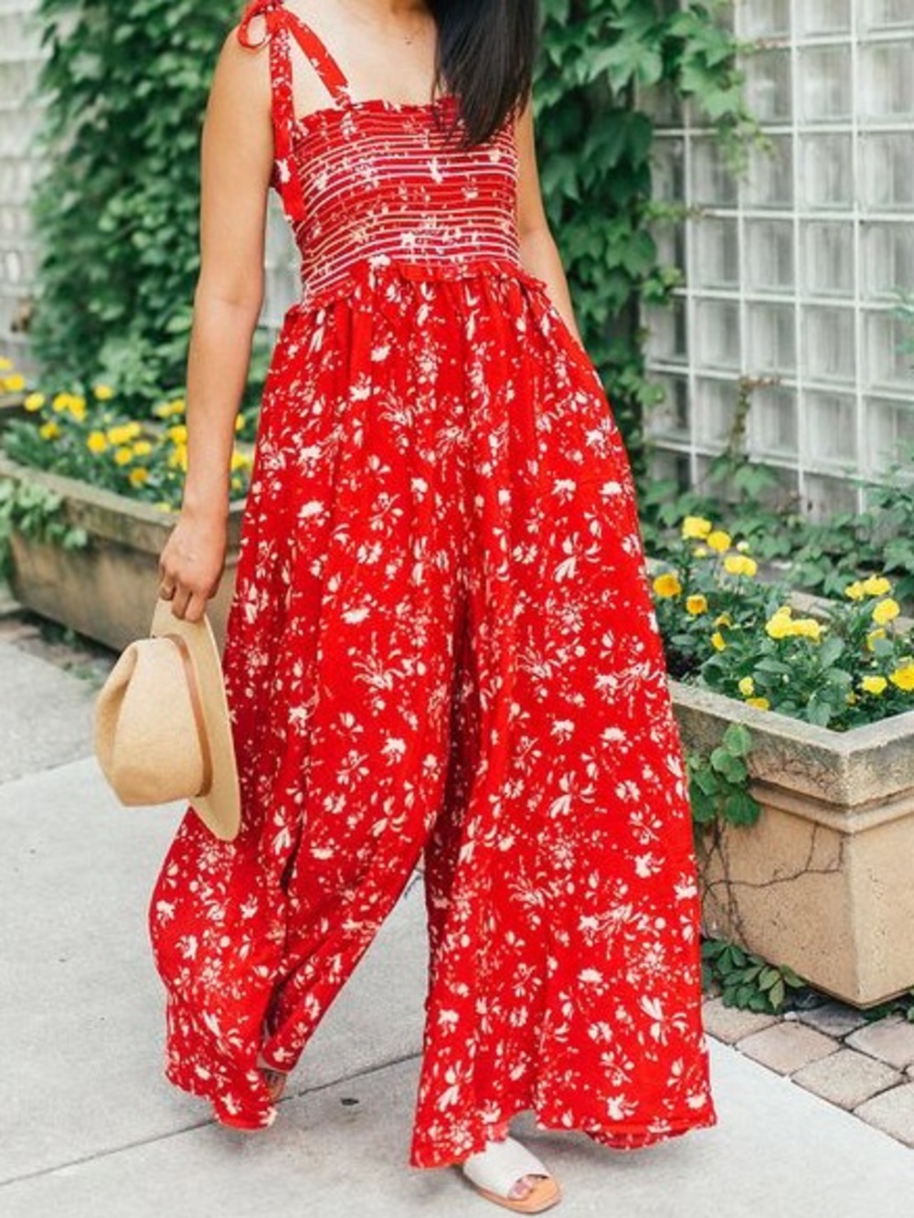Free People Red Floral Tie-Shoulder Wide-Leg Jumpsuit